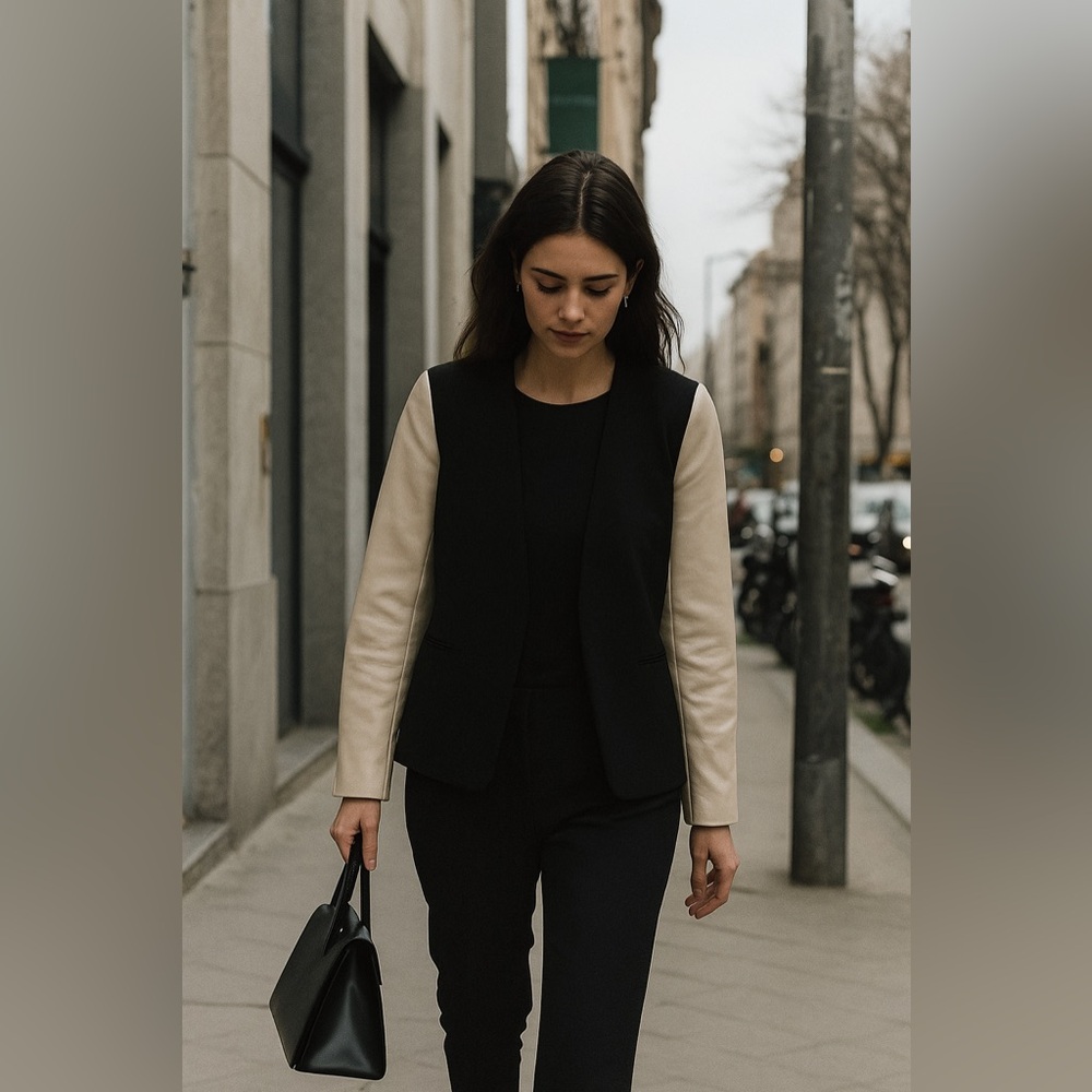 Judith & Charles || Colourblock Leather Sleeve Open Blazer